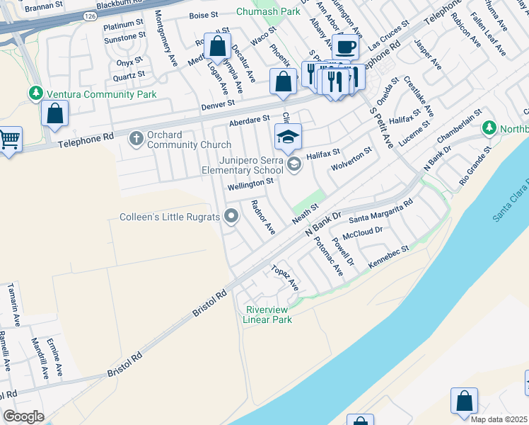 map of restaurants, bars, coffee shops, grocery stores, and more near 1546 Radnor Avenue in Ventura