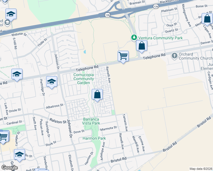 map of restaurants, bars, coffee shops, grocery stores, and more near 1311 Ramelli Avenue in Ventura