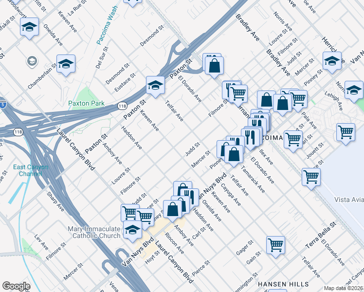 map of restaurants, bars, coffee shops, grocery stores, and more near 13625 Filmore Street in Los Angeles