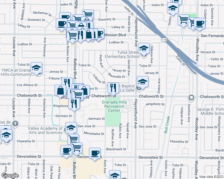 map of restaurants, bars, coffee shops, grocery stores, and more near 16742 Tribune Street in Los Angeles