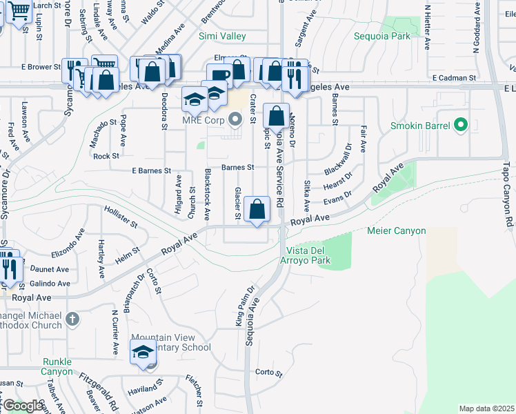 map of restaurants, bars, coffee shops, grocery stores, and more near 1477 Sequoia Avenue in Simi Valley
