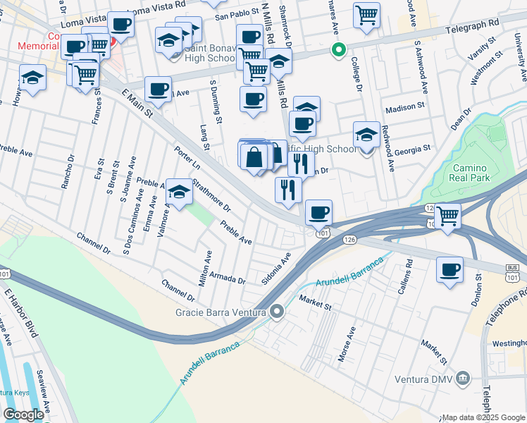 map of restaurants, bars, coffee shops, grocery stores, and more near 3375 East Main Street in Ventura