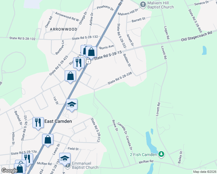map of restaurants, bars, coffee shops, grocery stores, and more near 1512 Bradley Road in Camden