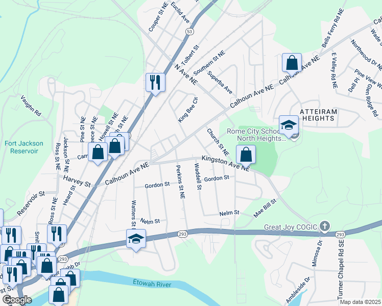 map of restaurants, bars, coffee shops, grocery stores, and more near 313 Kingston Avenue Northeast in Rome