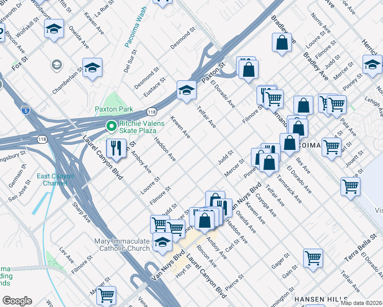 map of restaurants, bars, coffee shops, grocery stores, and more near 13720 Louvre Street in Los Angeles