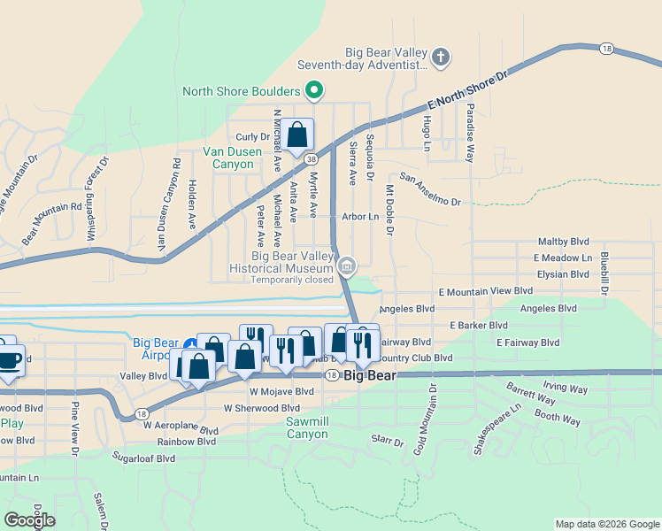 map of restaurants, bars, coffee shops, grocery stores, and more near 171 West Meadow Lane in Big Bear