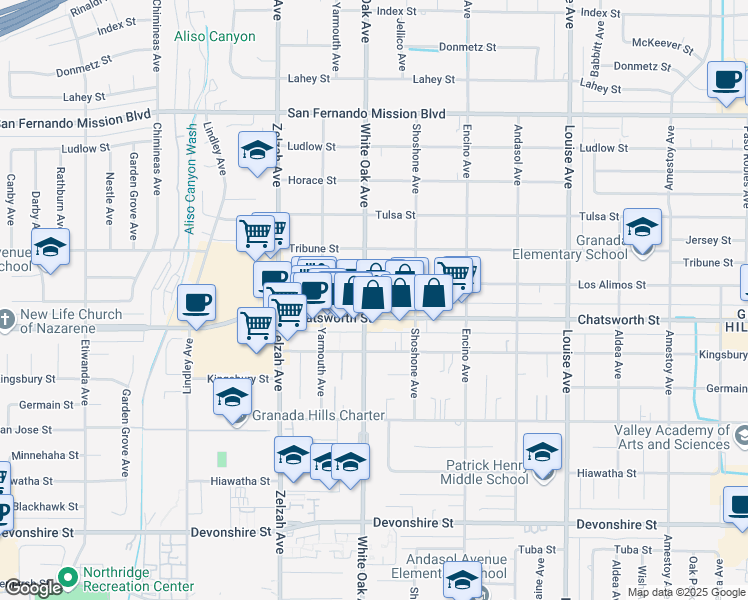 map of restaurants, bars, coffee shops, grocery stores, and more near 10734 White Oak Avenue in Los Angeles