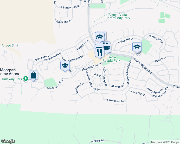map of restaurants, bars, coffee shops, grocery stores, and more near 11815 San Tropez Place in Moorpark
