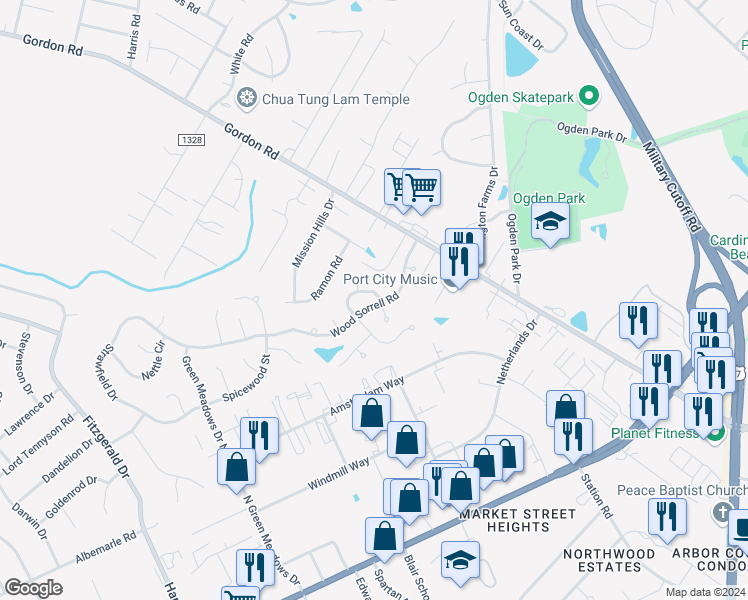 map of restaurants, bars, coffee shops, grocery stores, and more near 6620 Sunwood Circle in Wilmington
