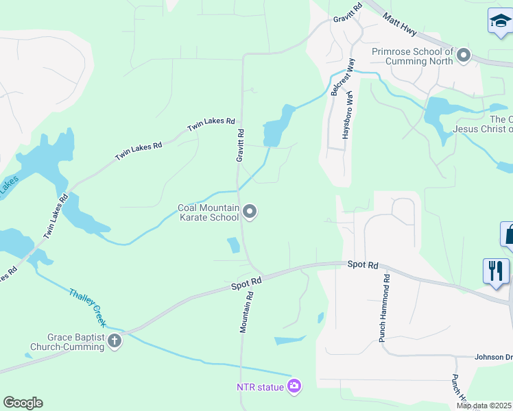 map of restaurants, bars, coffee shops, grocery stores, and more near 3550 Gravitt Road in Cumming
