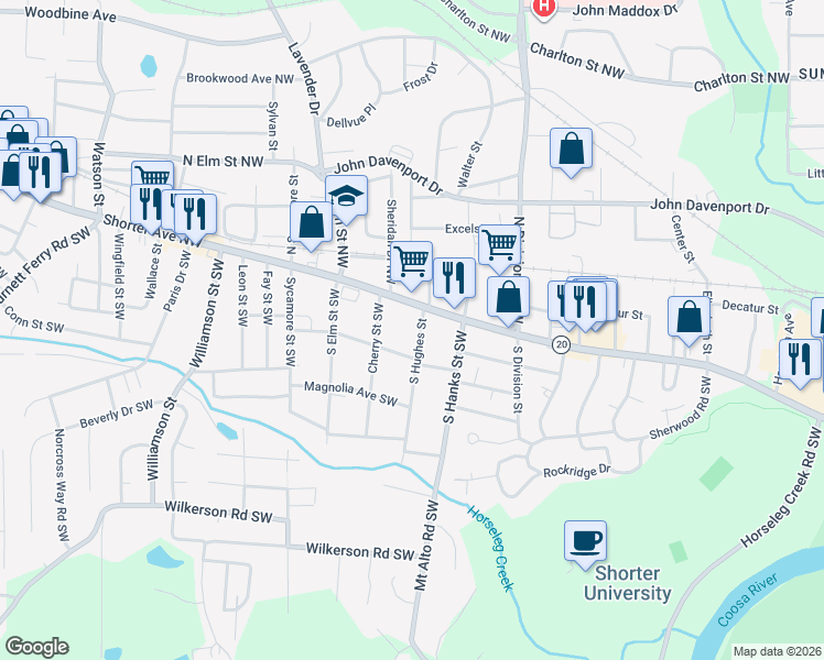 map of restaurants, bars, coffee shops, grocery stores, and more near 5 North Hughes Street Northwest in Rome