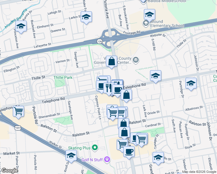 map of restaurants, bars, coffee shops, grocery stores, and more near 5751 Telephone Road in Ventura