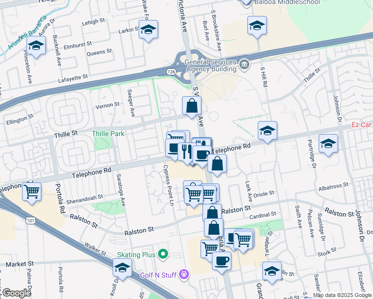map of restaurants, bars, coffee shops, grocery stores, and more near 5751 Telephone Road in Ventura