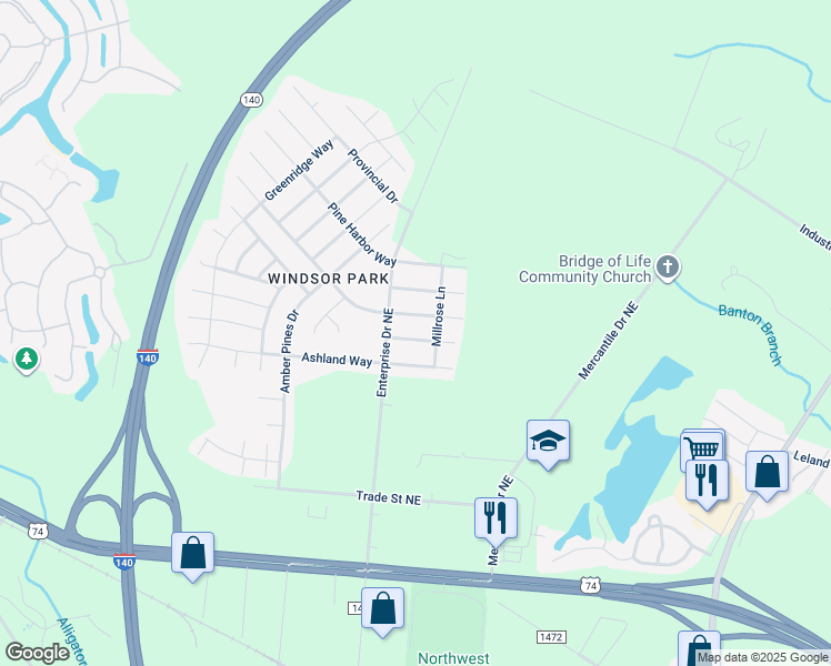 map of restaurants, bars, coffee shops, grocery stores, and more near 1309 Windsor Pines Court in Leland