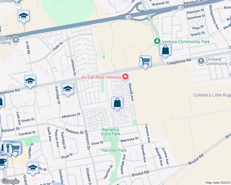 map of restaurants, bars, coffee shops, grocery stores, and more near 1243 Prairie Dog Circle in Ventura