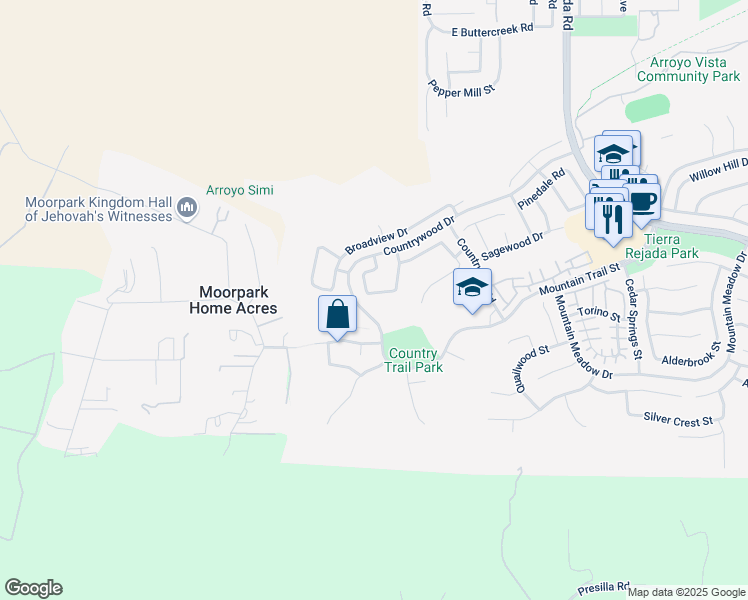 map of restaurants, bars, coffee shops, grocery stores, and more near 4126 Sterlingview Drive in Moorpark