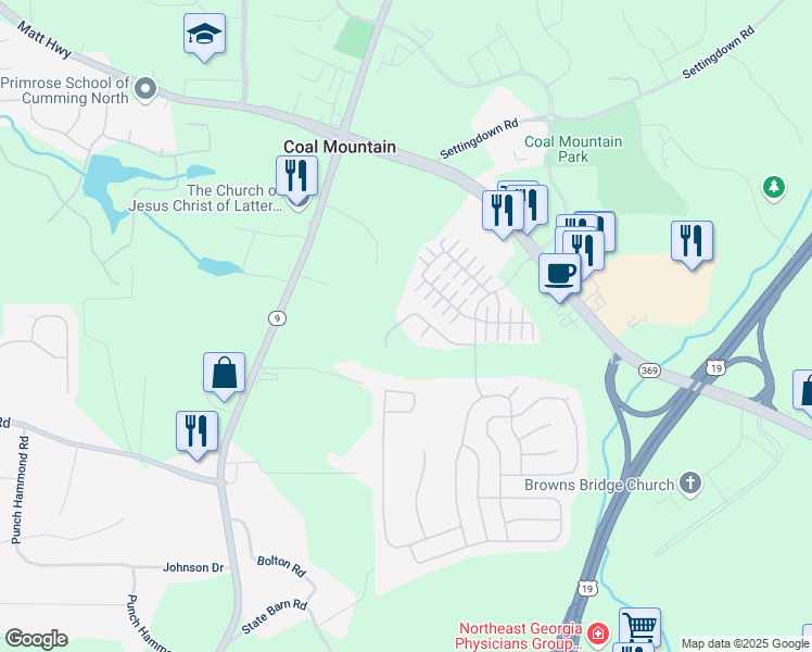 map of restaurants, bars, coffee shops, grocery stores, and more near 3985 New Salem Court in Cumming