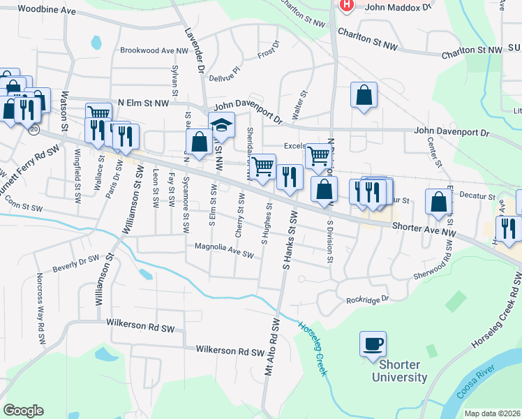 map of restaurants, bars, coffee shops, grocery stores, and more near 5 North Hughes Street Northwest in Rome