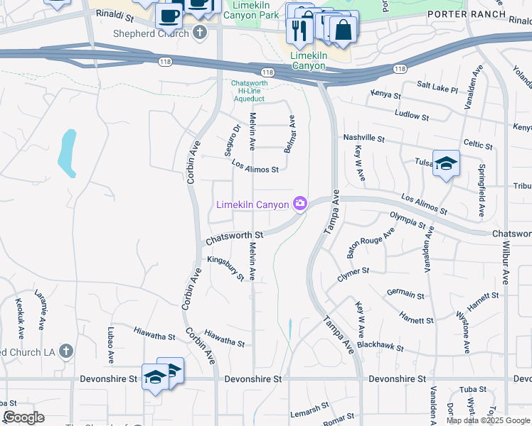 map of restaurants, bars, coffee shops, grocery stores, and more near 19520 Bermuda Street in Los Angeles