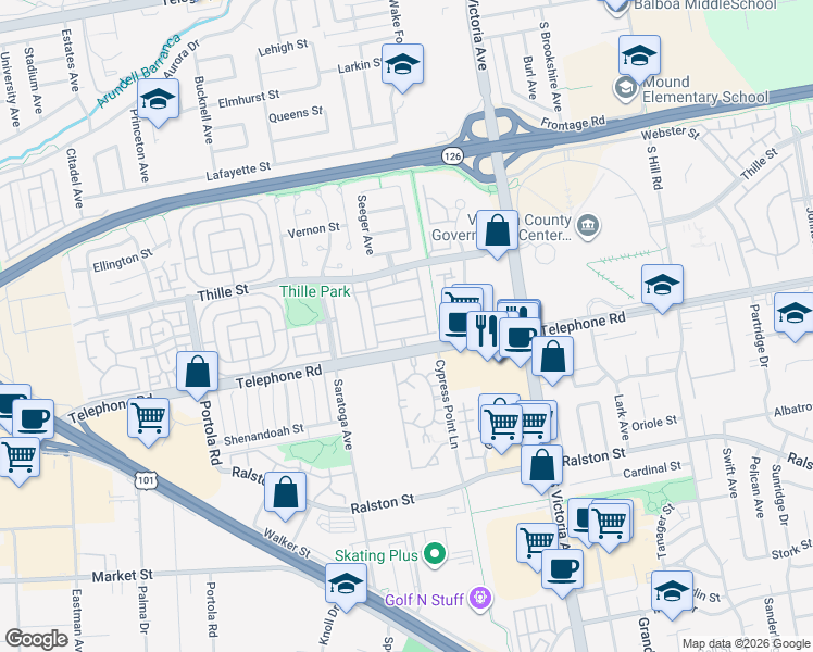 map of restaurants, bars, coffee shops, grocery stores, and more near 5602 Coltrane Street in Ventura