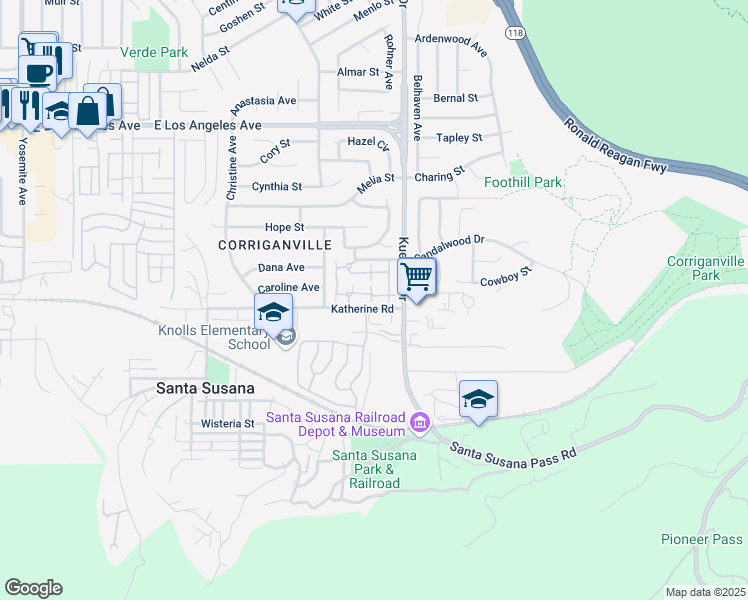 map of restaurants, bars, coffee shops, grocery stores, and more near 6491 Stoney View Lane in Simi Valley