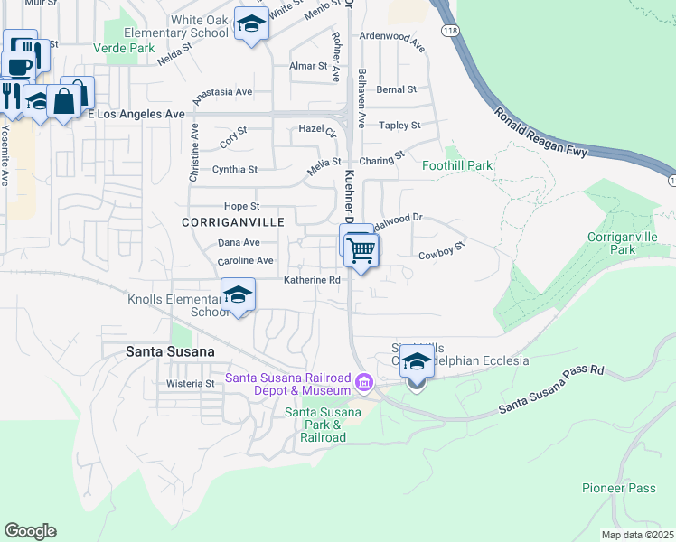 map of restaurants, bars, coffee shops, grocery stores, and more near 6542 Stoney View Lane in Simi Valley