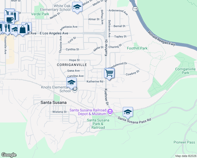map of restaurants, bars, coffee shops, grocery stores, and more near 6508 Stoney View Lane in Simi Valley