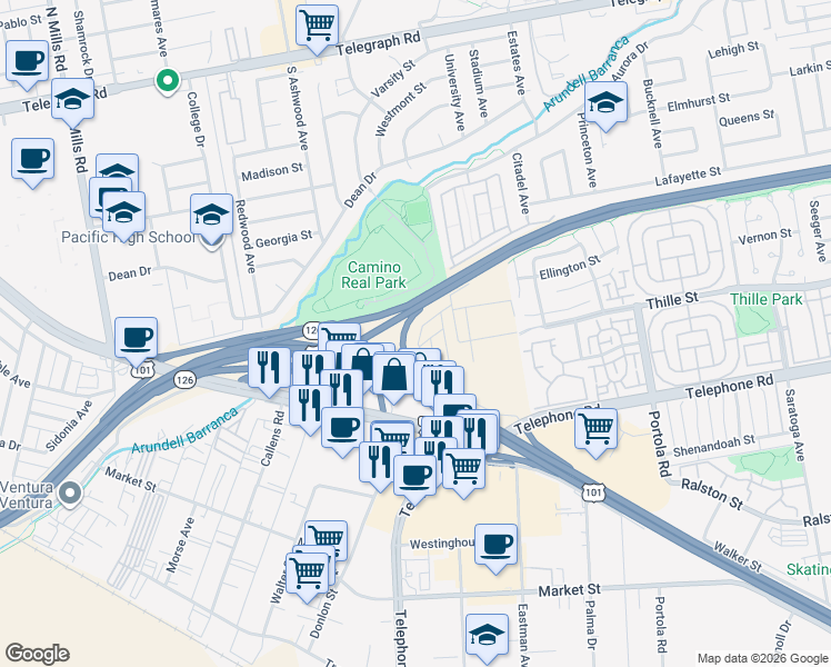 map of restaurants, bars, coffee shops, grocery stores, and more near 36 Copland Circle in Ventura