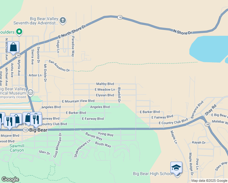 map of restaurants, bars, coffee shops, grocery stores, and more near 632 East Meadow Lane in Big Bear