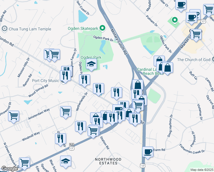 map of restaurants, bars, coffee shops, grocery stores, and more near 7109 Cape Harbor Drive in Wilmington