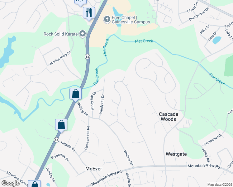 map of restaurants, bars, coffee shops, grocery stores, and more near 3738 Maple Forge Lane in Gainesville