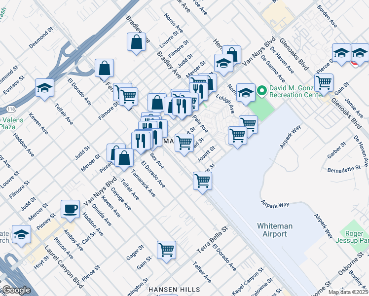 map of restaurants, bars, coffee shops, grocery stores, and more near 10800 1/2 Sutter Avenue in Los Angeles
