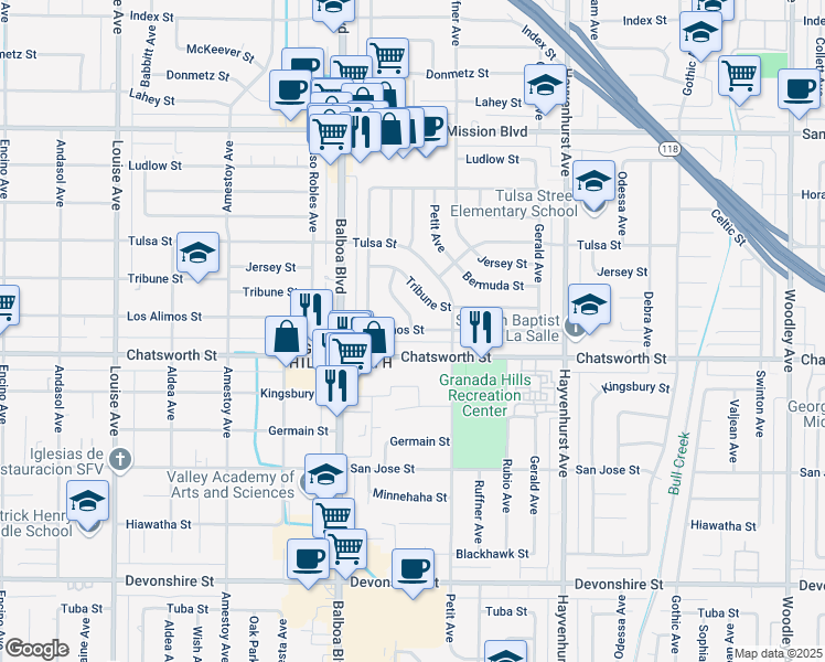 map of restaurants, bars, coffee shops, grocery stores, and more near 10747 Forbes Avenue in Los Angeles