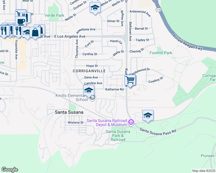 map of restaurants, bars, coffee shops, grocery stores, and more near 1494 Dorothy Avenue in Simi Valley