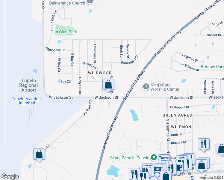 map of restaurants, bars, coffee shops, grocery stores, and more near 712 Robindale Drive in Tupelo