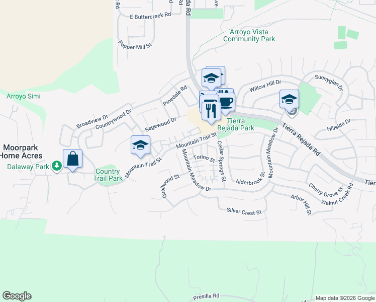 map of restaurants, bars, coffee shops, grocery stores, and more near 11806 Barletta Place in Moorpark