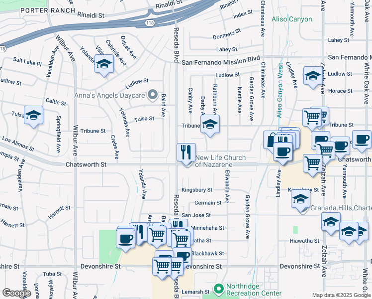 map of restaurants, bars, coffee shops, grocery stores, and more near 18445 Los Alimos Street in Los Angeles