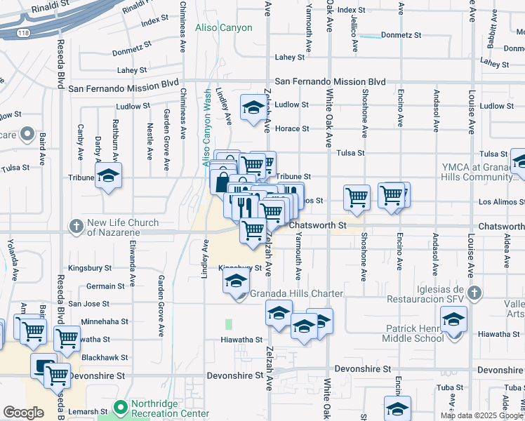 map of restaurants, bars, coffee shops, grocery stores, and more near 10725 Zelzah Avenue in Los Angeles