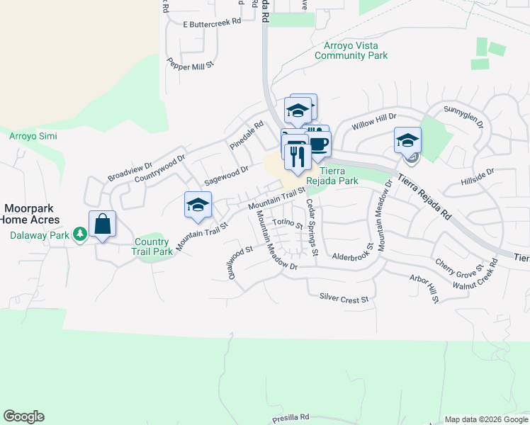 map of restaurants, bars, coffee shops, grocery stores, and more near 11806 Barletta Place in Moorpark