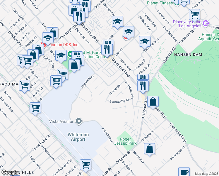 map of restaurants, bars, coffee shops, grocery stores, and more near 12616 Terra Bella Street in Los Angeles