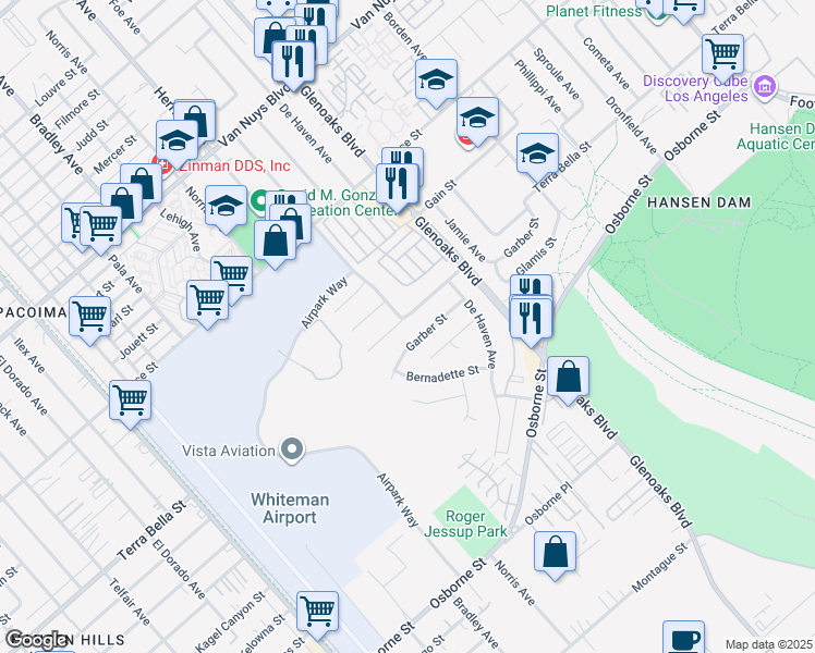 map of restaurants, bars, coffee shops, grocery stores, and more near 12616 Terra Bella Street in Los Angeles