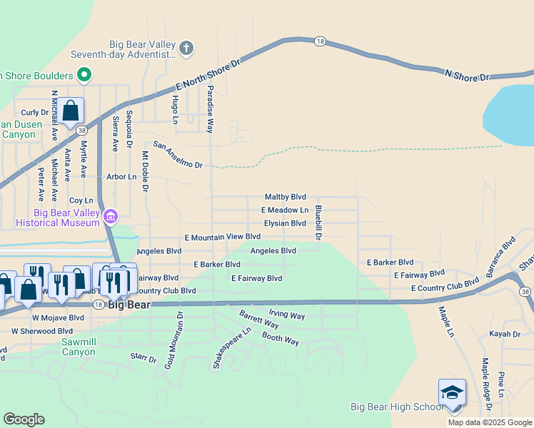 map of restaurants, bars, coffee shops, grocery stores, and more near 533 East Meadow Lane in Big Bear