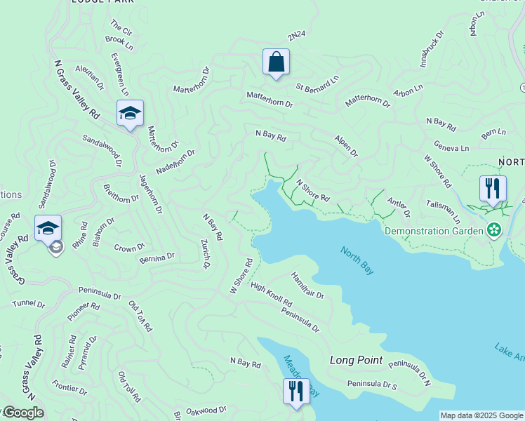 map of restaurants, bars, coffee shops, grocery stores, and more near 27563 West Shore Road in Lake Arrowhead