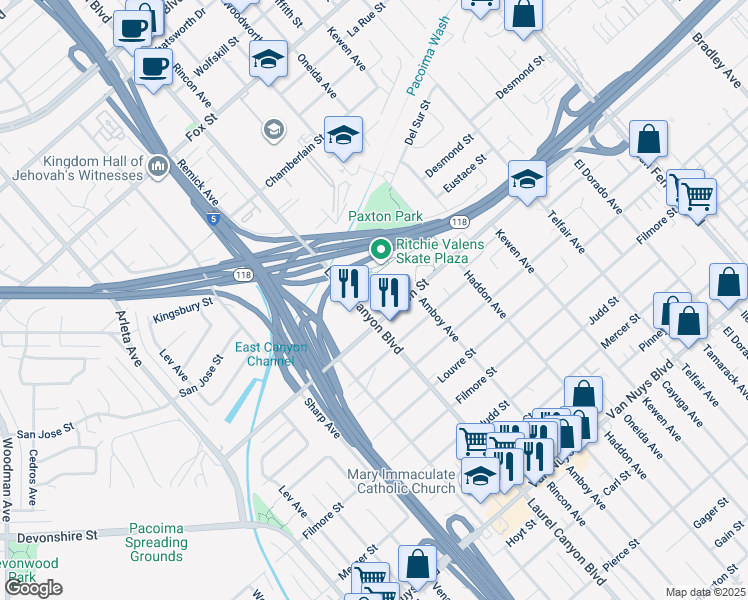 map of restaurants, bars, coffee shops, grocery stores, and more near 10736 Laurel Canyon Boulevard in Los Angeles