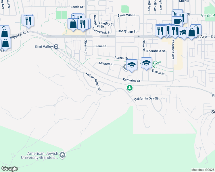 map of restaurants, bars, coffee shops, grocery stores, and more near 5352 Willow Oak Street in Simi Valley