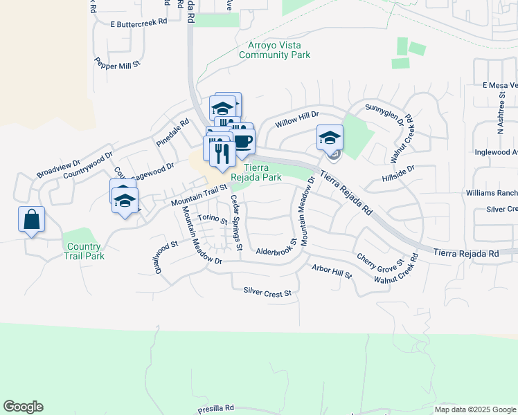 map of restaurants, bars, coffee shops, grocery stores, and more near 11951 Honeybrook Court in Moorpark