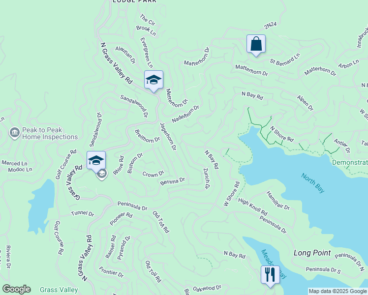 map of restaurants, bars, coffee shops, grocery stores, and more near Zurich Drive in Lake Arrowhead