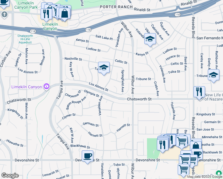 map of restaurants, bars, coffee shops, grocery stores, and more near 10759 Wystone Avenue in Los Angeles