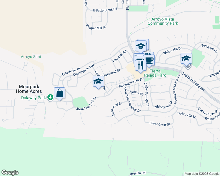 map of restaurants, bars, coffee shops, grocery stores, and more near 11544 Treeview Court in Moorpark