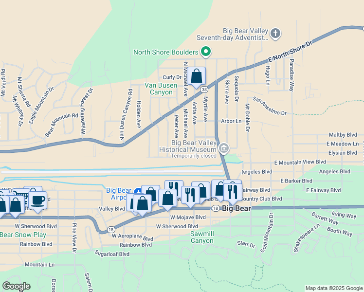 map of restaurants, bars, coffee shops, grocery stores, and more near 335 West Meadow Lane in Big Bear